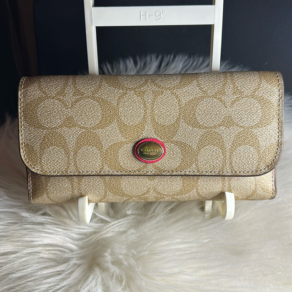 Coach Signature Coated Canvas Full Size PVC Checkbook Wallet Khaki / Pink Ruby